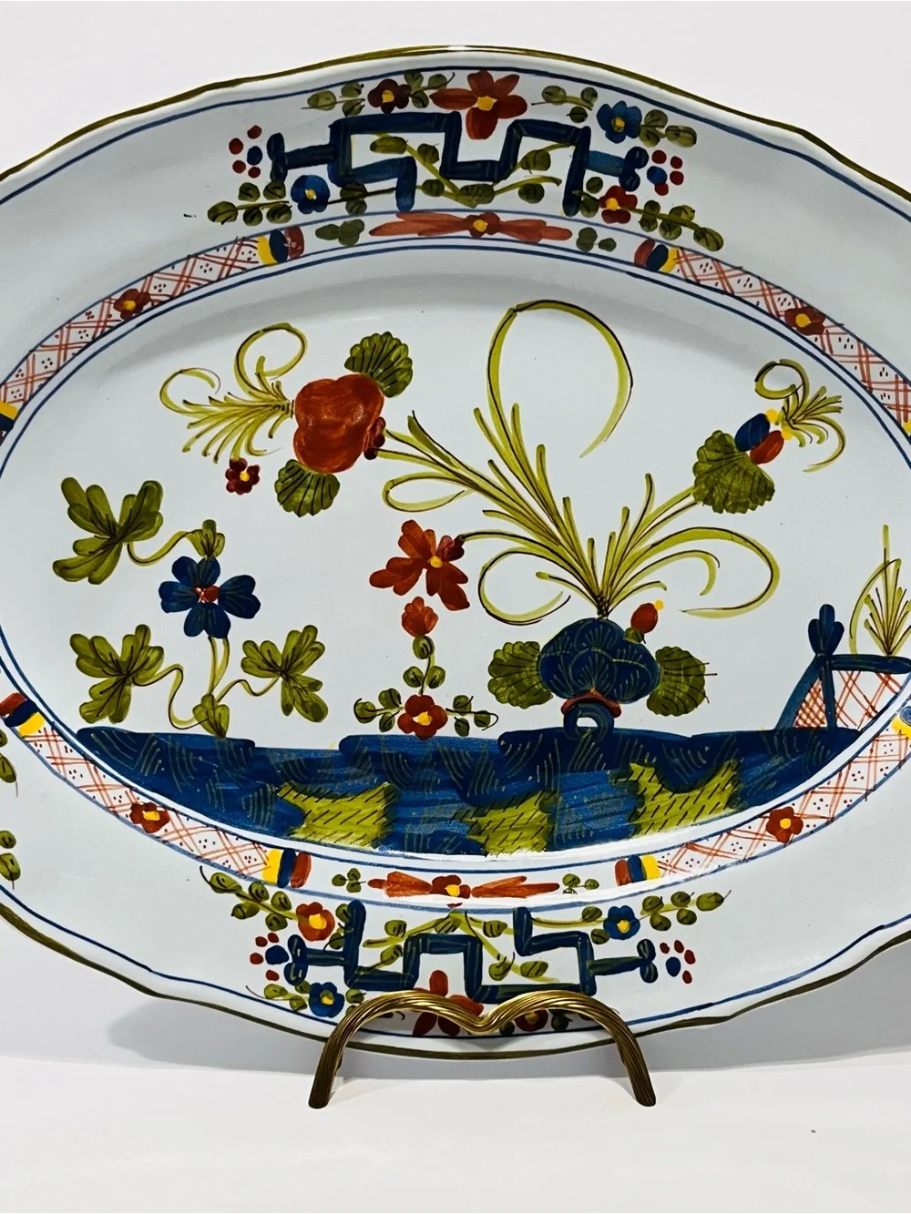 Vintage Faenza Carofano Blue Carnation Large Oval Serving Platter Signed Italy
